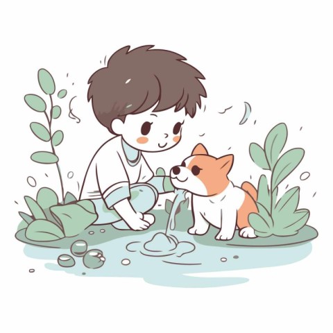 Cute boy playing with dog in the garden.