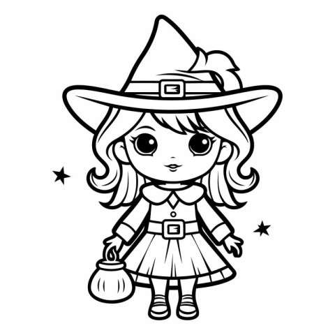 Black and White Cartoon Illustration of Cute Witch Girl Characte