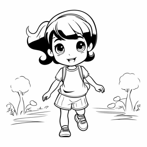 Cute little girl in the park. black and white vector illustratio