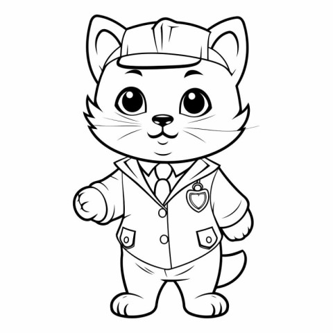 Cartoon illustration of a cat in a police uniform. Coloring book