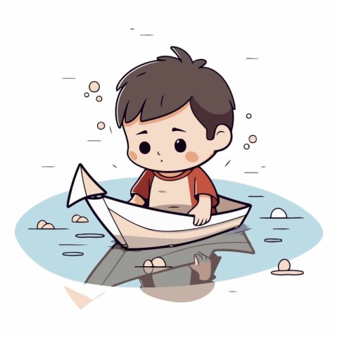 Cute little boy with paper boat on the sea.