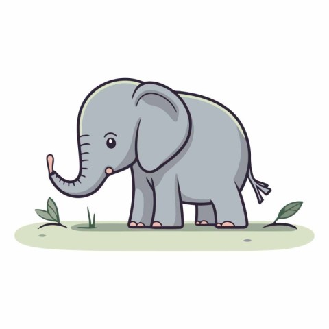 Cute cartoon elephant on the grass isolated on white background.