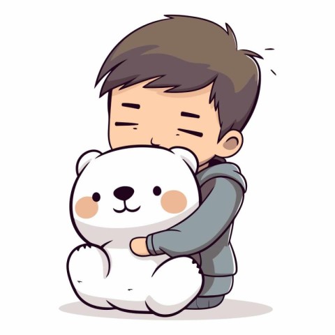 Little boy hugging a big white bear. Cute cartoon vector illustr