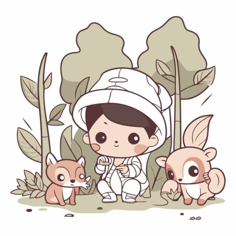 cute little boy with little animals in the park vector illustrat