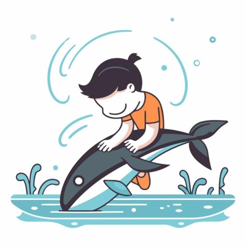 Vector illustration of a boy playing with a big whale in the sea