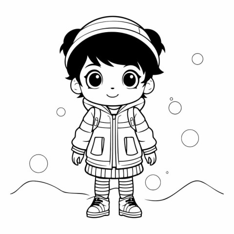 Cute little boy in winter clothes for coloring book.