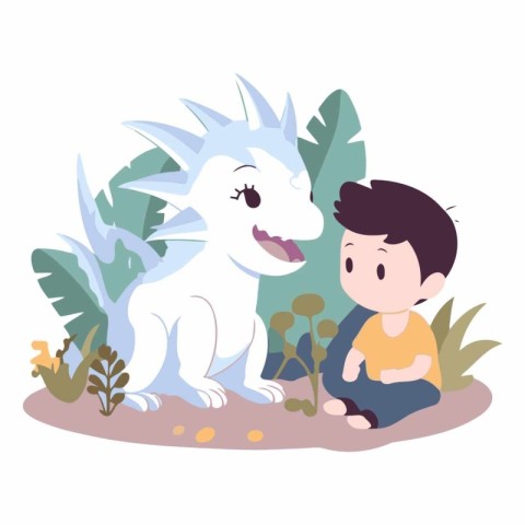 Cute boy playing with dinosaur in cartoon style.