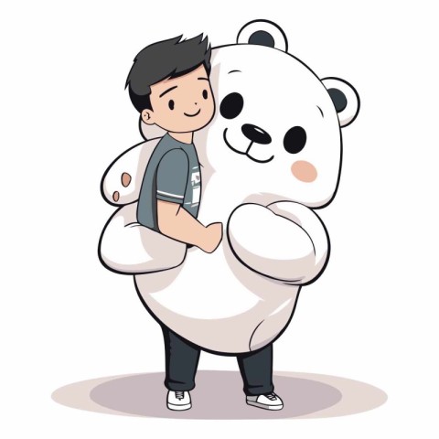 Illustration of a boy hugging a giant panda on a white backgroun