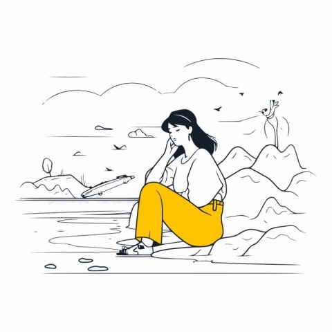 Young woman sitting on the beach in sketch style.