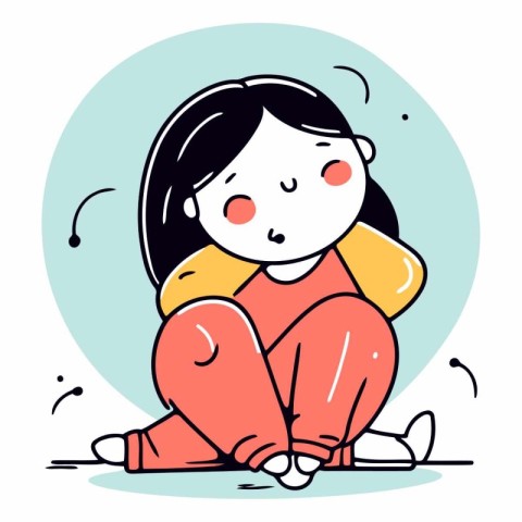 Cute little girl sitting and feeling sad. Vector cartoon illustr