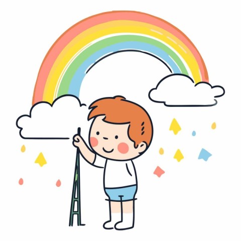 Cute little boy painting a rainbow. Hand drawn vector illustrati