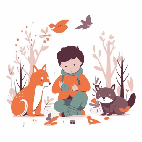 Vector illustration of a boy with a dog in the autumn forest.