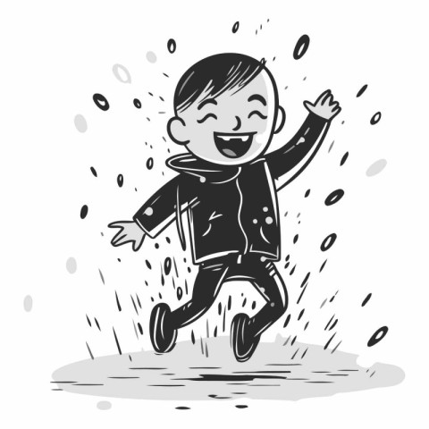 Happy boy jumping in the rain. isolated on white background.