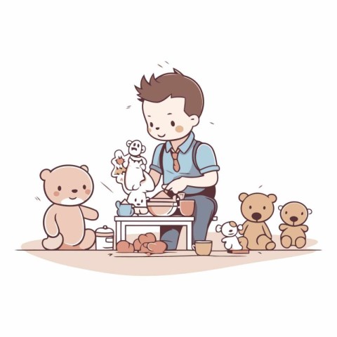 Boy playing with teddy bears in the kitchen.