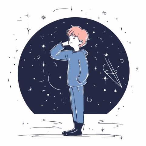 Vector illustration of a boy in the starry sky. Hand drawn style