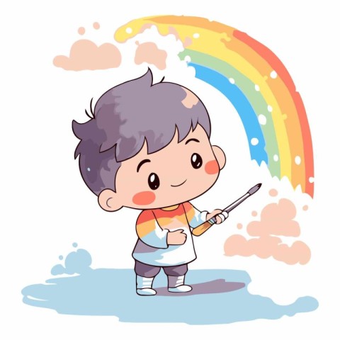 Cute little boy holding a paintbrush and rainbow.