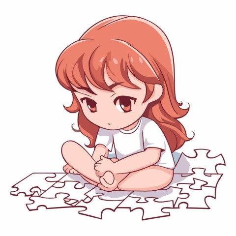 Illustration of a Cute Little Girl Playing with a Puzzle Piece