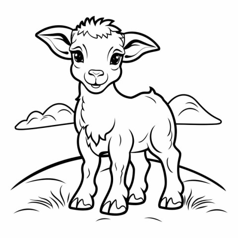 Black and White Cartoon Illustration of Cute Little Baby Goat An