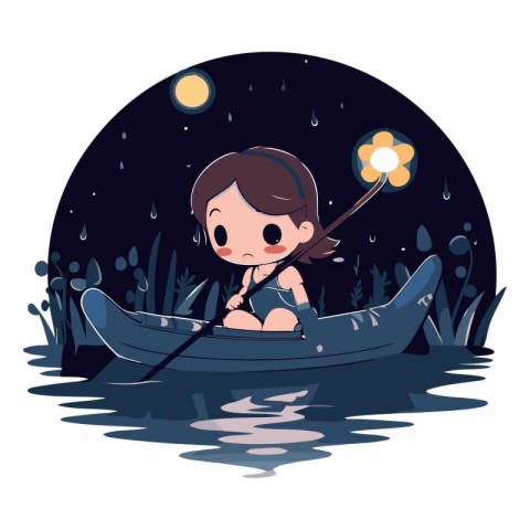 Illustration of a cute little girl kayaking in the night.