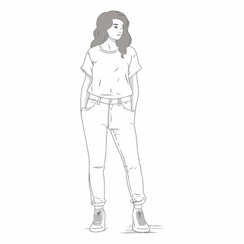 Fashion illustration of a beautiful young woman in jeans and t-s