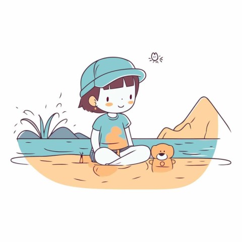 Girl playing with her dog on the beach in cartoon style.