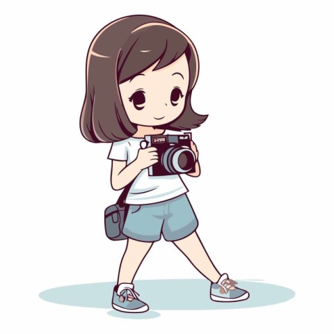 Cute little girl with a camera in cartoon style.