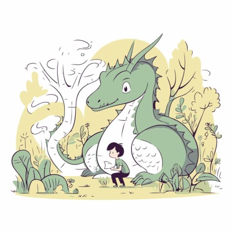 Vector illustration of a boy and a dragon in the forest. Cartoon