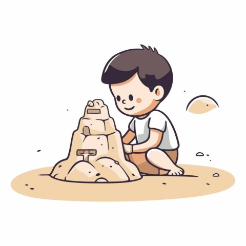 Boy building sand castle on the beach in cartoon style.