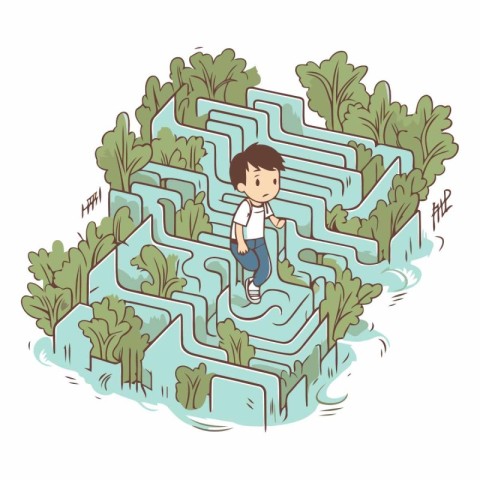 Illustration of a boy standing in the middle of a maze.