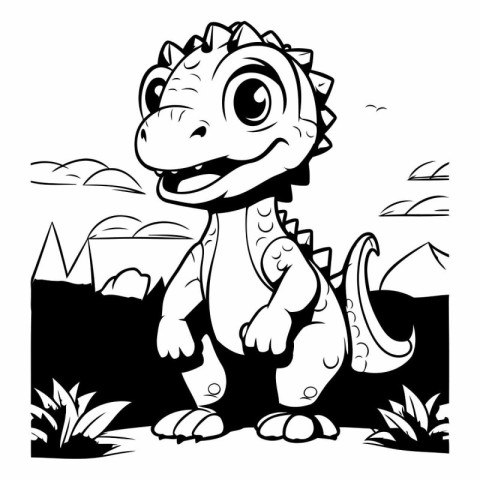 Cute Dinosaur Cartoon Character - Black and White Illustration.