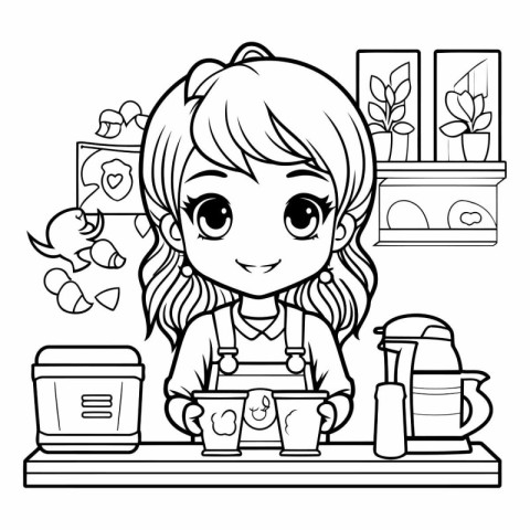 Coloring Page Outline Of a Cute Little Girl Drinking Coffee