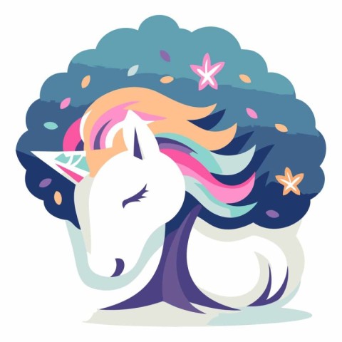 Vector illustration of a cute white unicorn with rainbow hair in