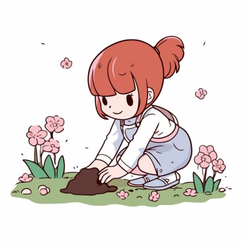 Illustration of a Kid Girl Digging the Ground in the Garden