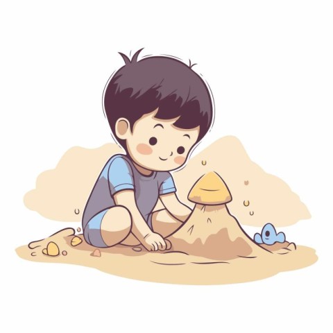 Cute boy playing with sand on the beach.