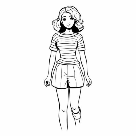 Vector illustration of a beautiful girl in a striped T-shirt and