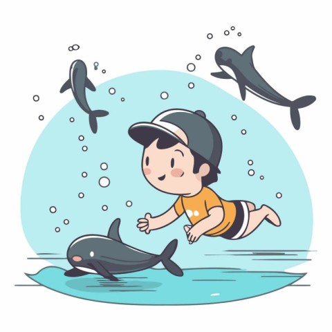 Boy playing with a dolphin in the sea in cartoon style.