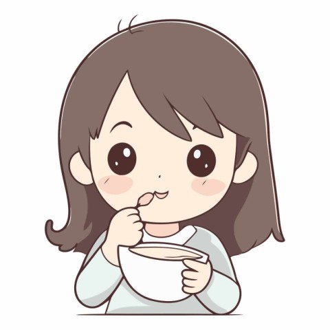 Girl eating a cup of coffee on white background.