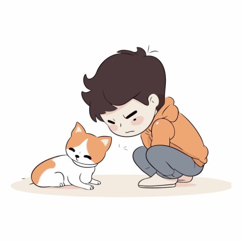 Cute boy playing with his cat on the floor.