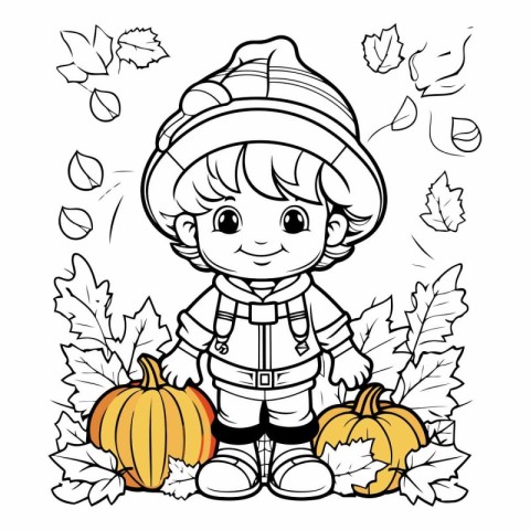 Cute Little Boy with Pumpkin and Autumn Leaves. Coloring Book fo