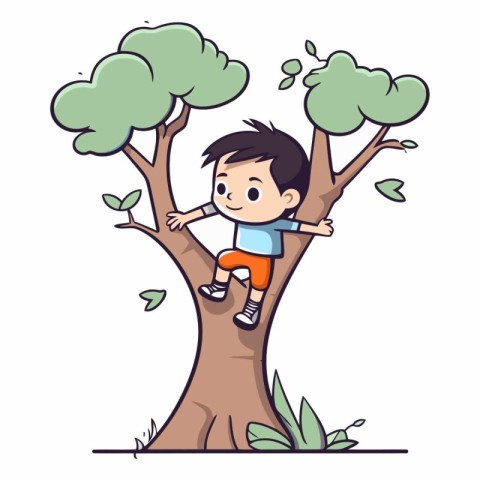 Cute little boy climbing a tree in cartoon style.