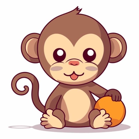 Cute cartoon monkey sitting and holding an orange.