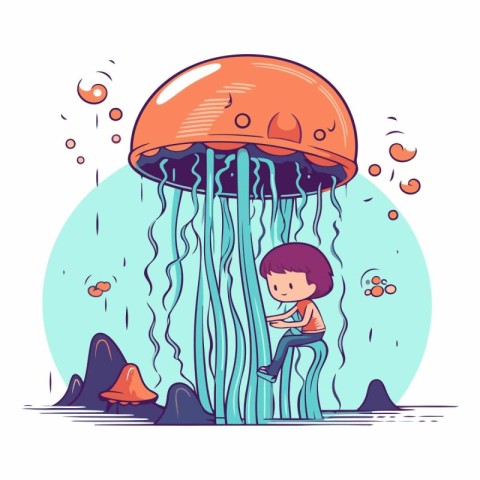 Cartoon vector illustration of a little girl swimming in a jelly