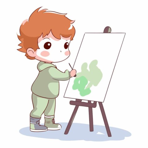 Cute little boy painting on a canvas of a cartoon character.