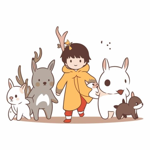 Cute little girl in a raincoat with deer and hare