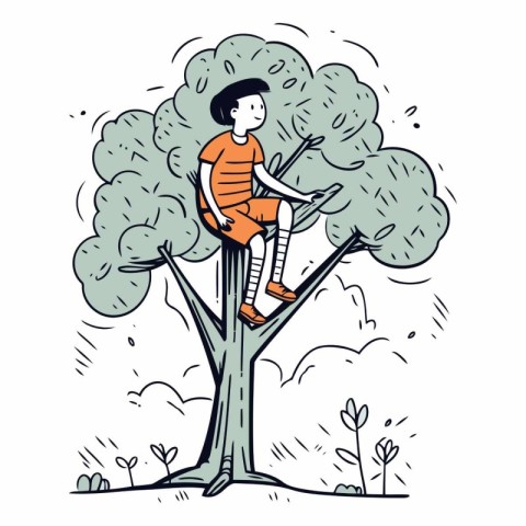 Little boy climbing a tree in doodle style