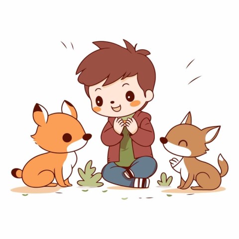 Boy playing with cute little foxes in the park.