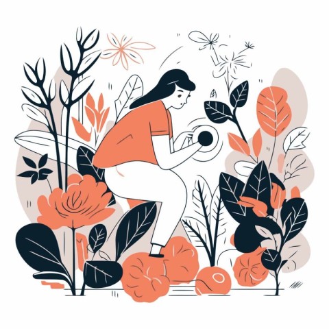 Girl with dumbbells in the garden. Flat vector illustration.