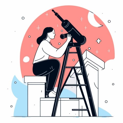 Girl sitting on a ladder and looking through a telescope in flat