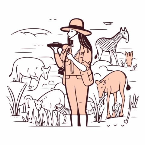 Vector illustration of a woman in a hat with a gun and a herd of