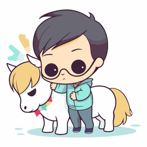 cute little boy with pony and horse cartoon vector illustration